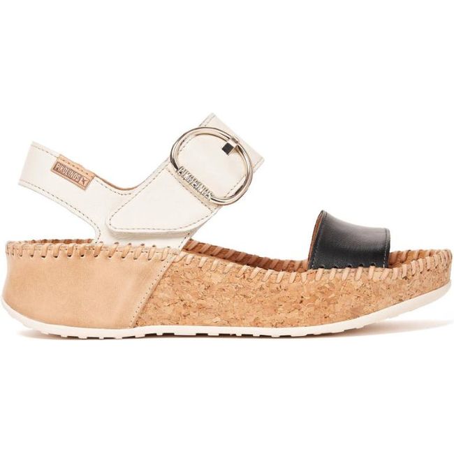 Lateral side of Women's Pikolinos Marina Wedge Sandal with black and white leather straps