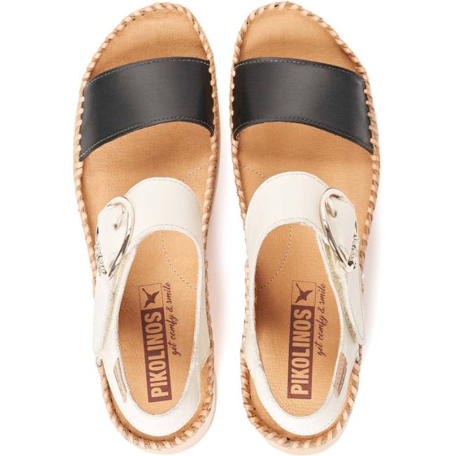 Top town view of Women's Pikolinos Marina Wedge Sandals with blue and orange leather straps