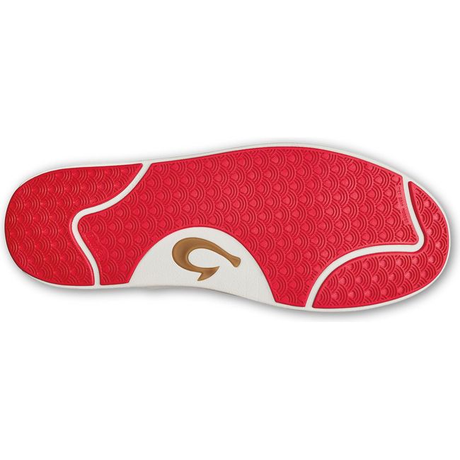 Sole of Men's Olukai Laeahi shoe in white with red tread