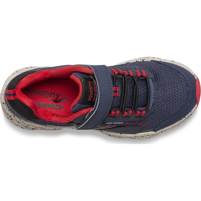 Top down view of Saucony Kids Wind Shield A/C Sneaker in navy mesh with red accents