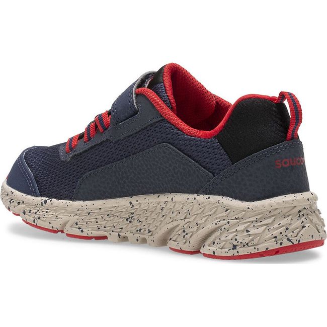 Medial side of Saucony Kids Wind Shield A/C Sneaker in navy mesh with red accents