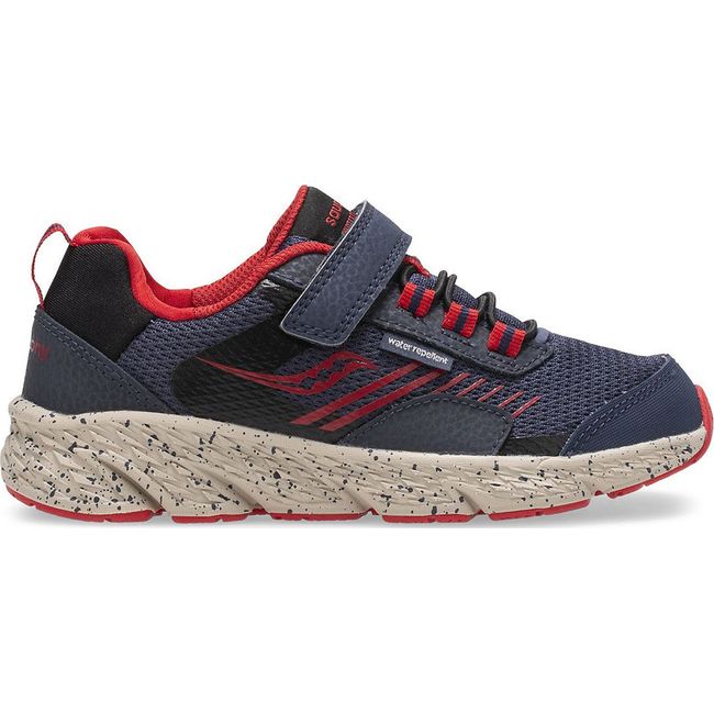 Lateral side of Saucony Kids Wind Shield A/C Sneaker in navy mesh with red accents