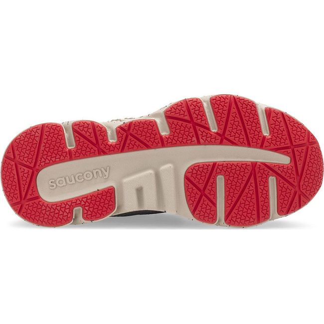 Sole of Saucony Kids Wind Shield A/C Sneaker in navy mesh tan sole and red tread
