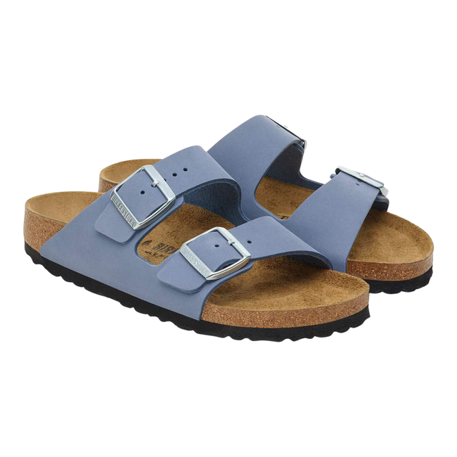 Angled Pair of Birkenstock Women's Arizona Nubuck Sandal in Stone Blue