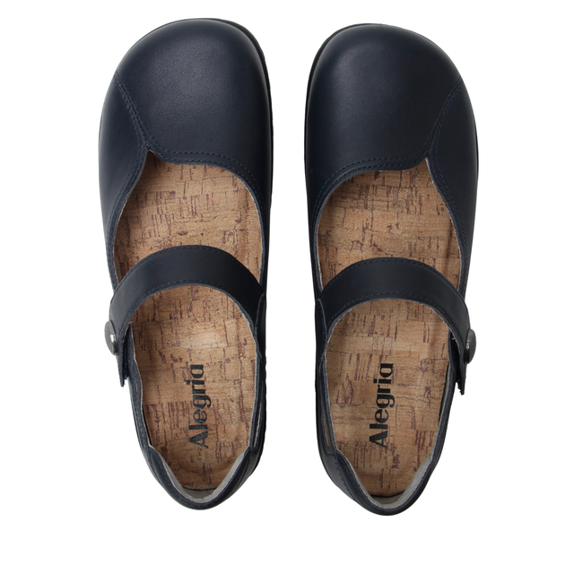 Velcro upper of Alegria Women's Onika Mary Jane Shoes in Official Navy Blue