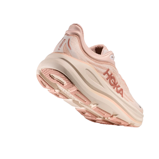Angled Heel of Hoka Women's Bondi 9 Running Shoe in Rose Latte 