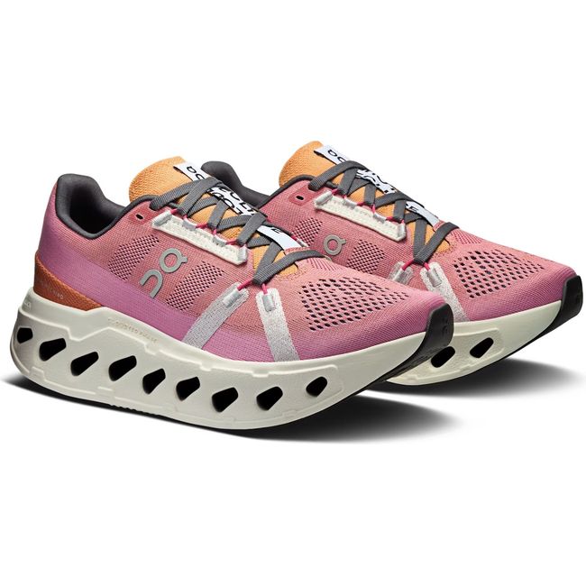 Pair of Women's On Running Cloudeclipse Running Shoes in Tangerine Orange, pink, and Ivory