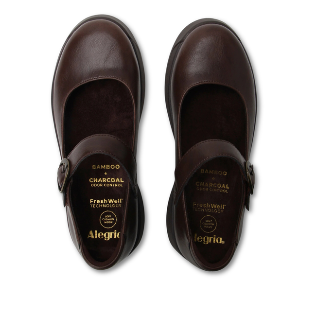 Velcro strap upper of Alegria Women's Jazmine Mary Jane Shoe in Brown Espresso Leather