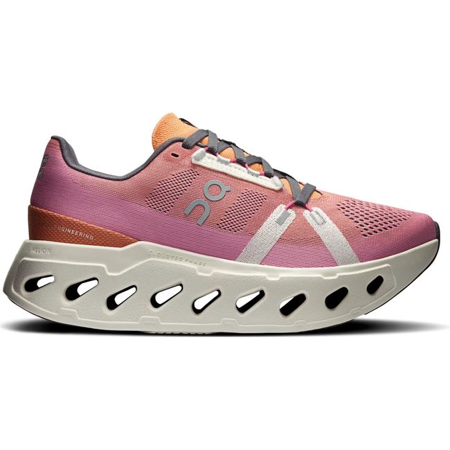 Lateral side of Women's On Running Cloudeclipse Running Shoe in Tangerine Orange, pink, and Ivory