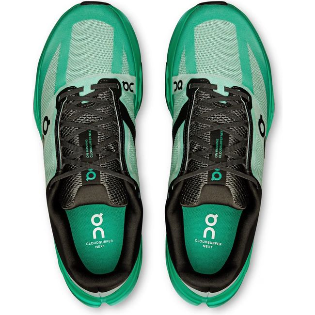 Top down view of Men's On Running Cloudsurfer Next Running Shoes in Mint Green and Black