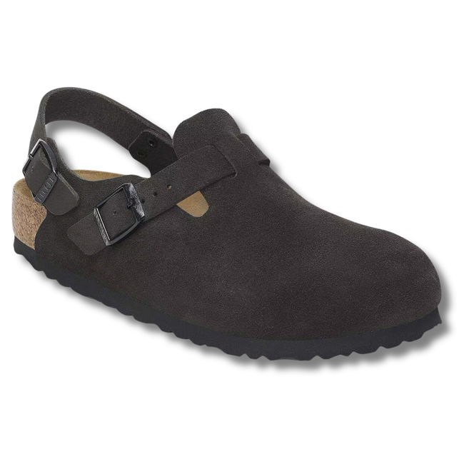 Angled side of Birkenstock Women's Tokio Clog in Black Suede with a backstrap