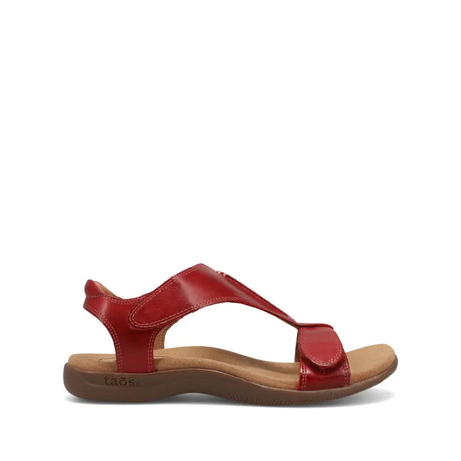 Lateral side of Women's Taos The Show Sandal in red leather with velcro straps