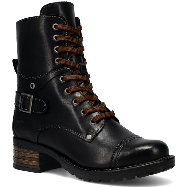 Front angled view of Women's Taos Crave Boot in black leather. Combat boot style.