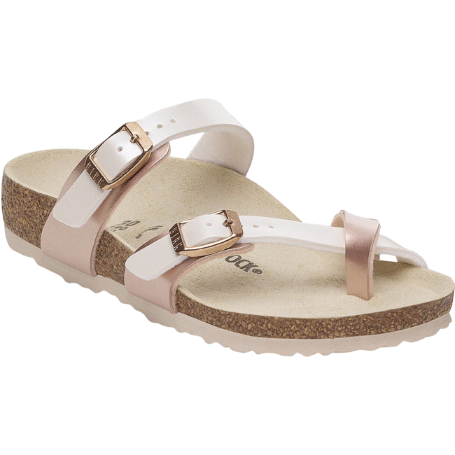 Angled side of Birkenstock Kids' Mayari Sandal (Toddler/ Little Kid) in Pearl Copper