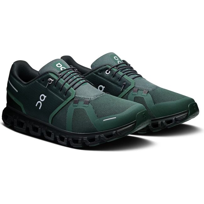 Pair of Men's On Running Cloud 6 Running Shoes in evergreen black with slip on speed lacing