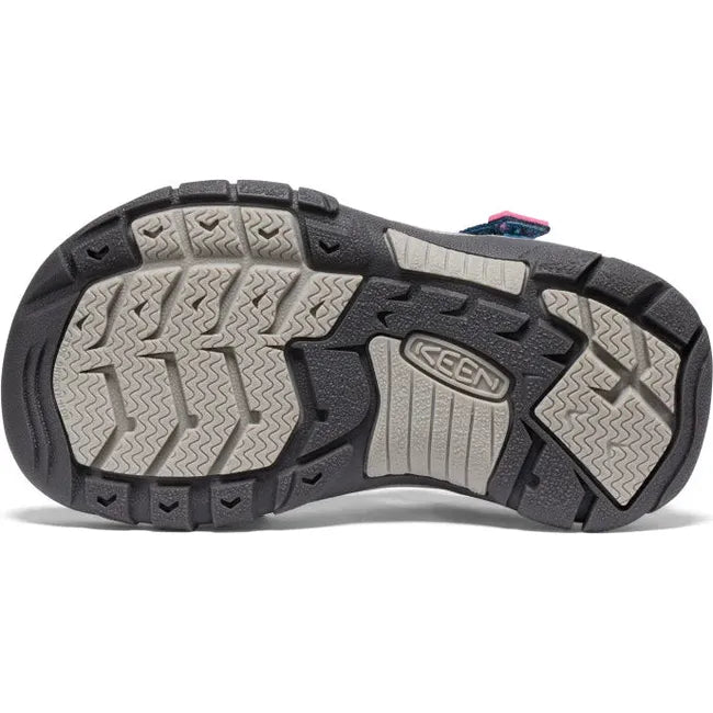 Sole of KEEN Little Kids Newport H2 Closed Toe Sandal in Legion Blue and Hot Pink