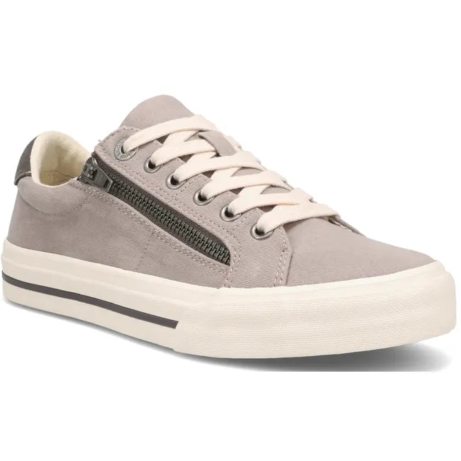 Front angled view of Women&#39;s Taos Z Soul Sneaker in Grey Graphite Distressed with side zipper