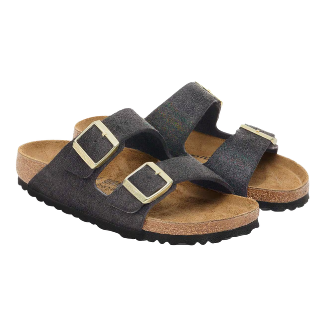 Angled Pair of Birkenstock Women's Arizona Suede Sandal in Shimmering Black