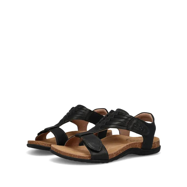 Pair of Women&#39;s Taos Wonderful Cork Support Sandals in black leather with velcro straps