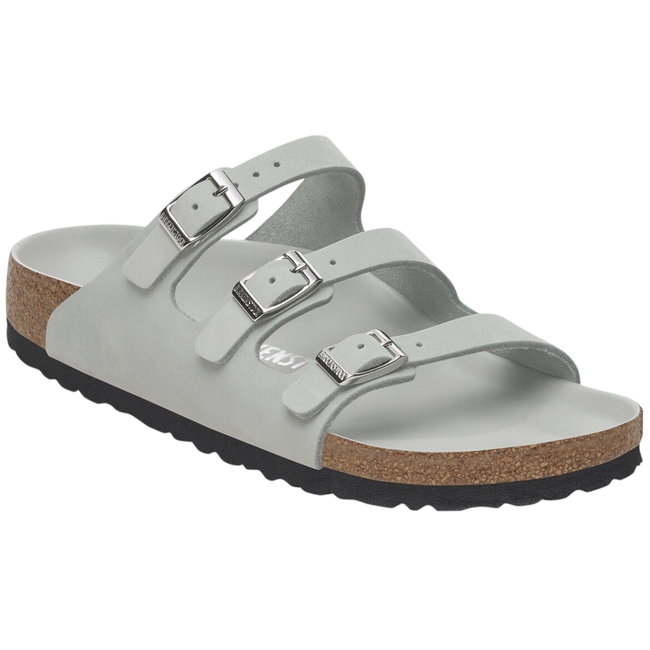 Angled Side of Birkenstock Women's Florida Fresh Nubuck Sandal in Sage Green