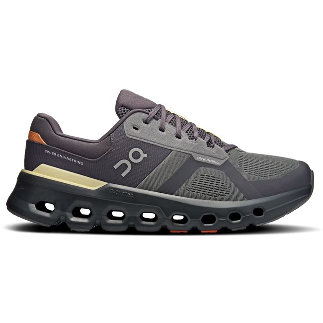 Lateral side of On Running Men's Cloudrunner 2 Running Shoe in Rock Gray and Tangerine