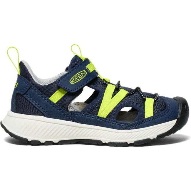 Lateral of KEEN Kids' Motozoa Sandal in Naval Academy blue Evening Primrose yellow