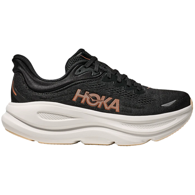 Side of Hoka Women's Bondi 9 Running Shoe in Black Rose Gold