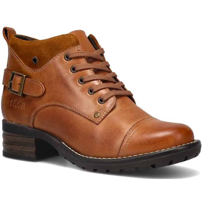 Front angled view of Womens Taos Mini Crave Boot in caramel leather. Ankle boot and lace up closure