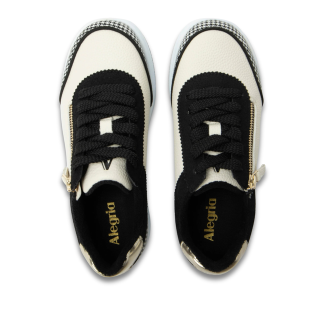 Upper of Alegria Women's Averie Sneakers in Houndstooth Black and Beige