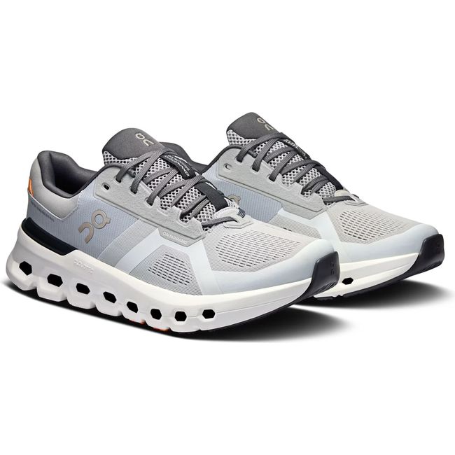 Pair of Men's On Running Cloudrunner 2 Running Shoes in Wolf Grey and Ivory with orange accents