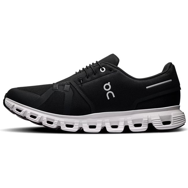 Medial side of On Running Men's Cloud 6 Running Shoe in black and white
