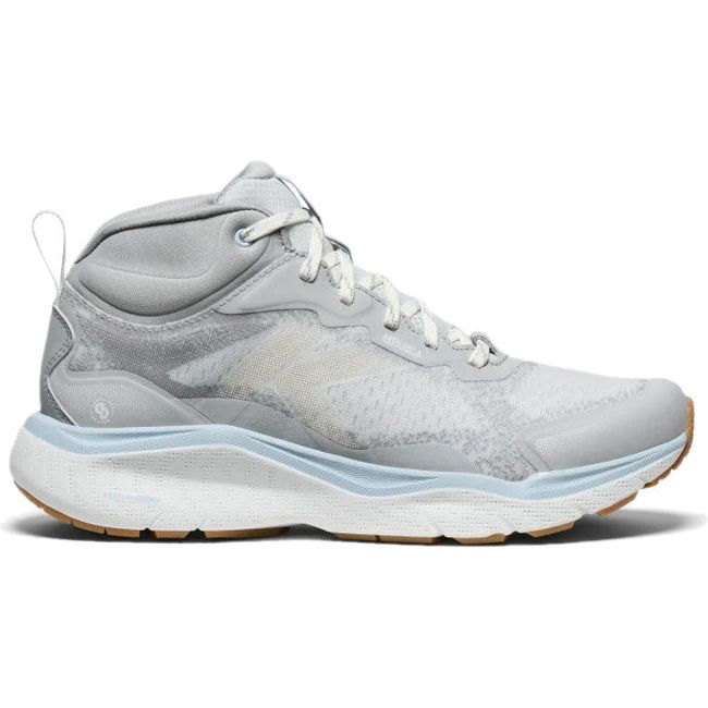 Lateral of KEEN Women's Leiki Waterproof Hiking Boot in Vapor Skyway gray