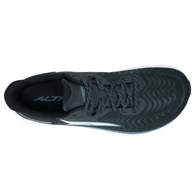 Mesh upper of Altra Men's Torin 7 Running Shoe in Black with white sole