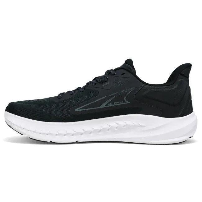 Medial side of Altra Men's Torin 7 Running Shoe in Black with white sole