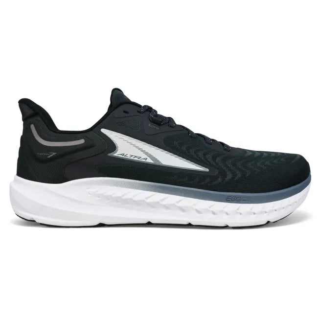 Lateral side of Altra Men's Torin 7 Running Shoe in Black with white sole