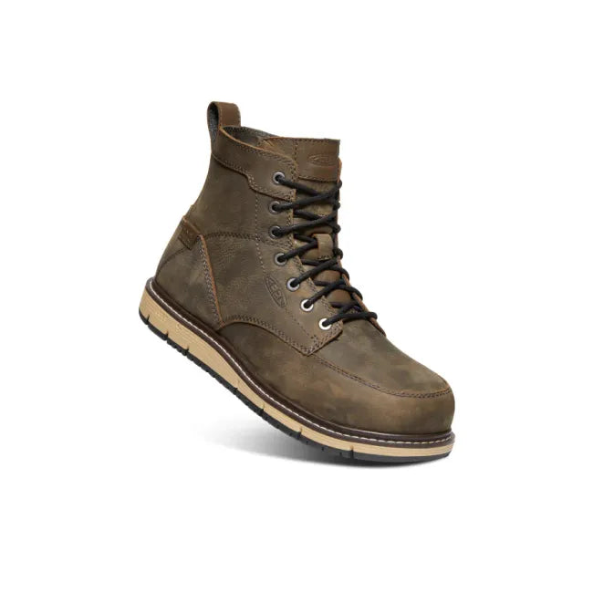 Angled view of Keen Men's San Jose 6" Waterproof Aluminum Toe Work Boot in Cascade Brown