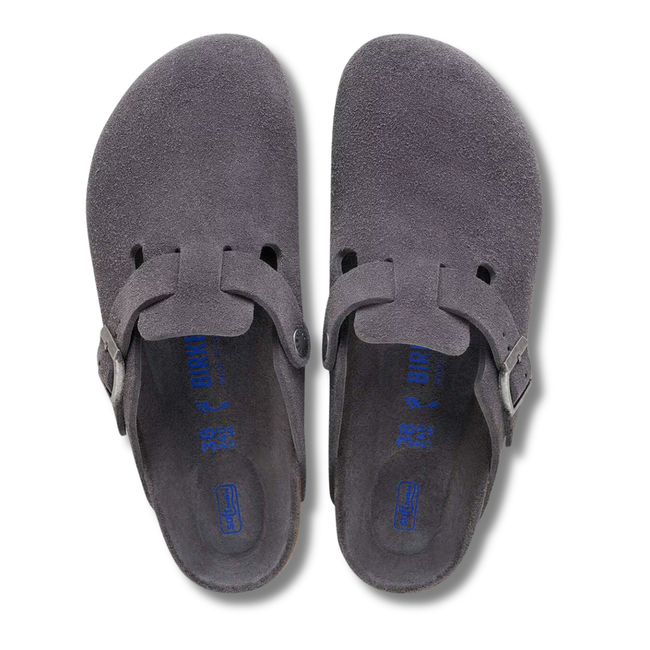 Top of paired Birkenstock Unisex Boston Soft Footbed Suede Clog in Charcoal