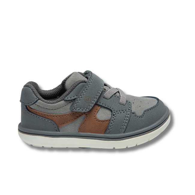 Lateral of Stride Rite Kids' London Sneaker in Grey with adjustable velcro strap