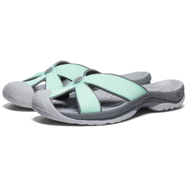 Pair of Women's KEEN Bali Slide Sandal in Lichen Steel Grey with closed toe
