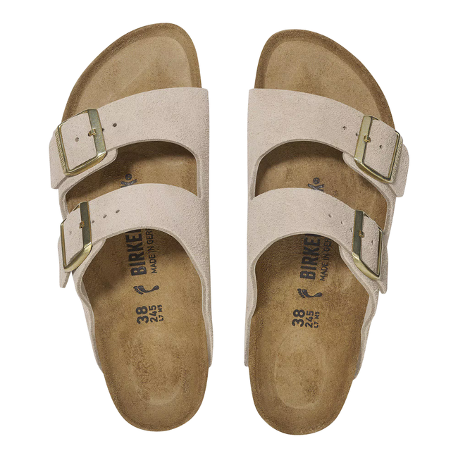 Tops of Birkenstock Women's Arizona Suede Sandal in Sandcastle Beige