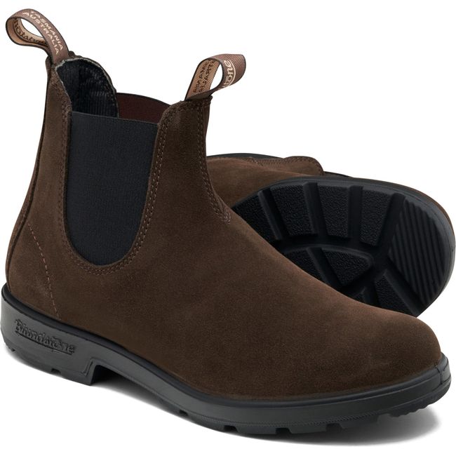 Pair of Unisex Blundstone 2410 Chelsea Boots in Brown Suede showing upper and black sole