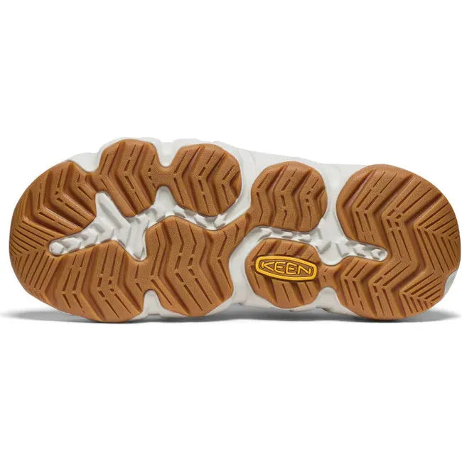 Sole of Women's KEEN Hyperport H2 closed toe sandal in alloy gray upper with tan tread