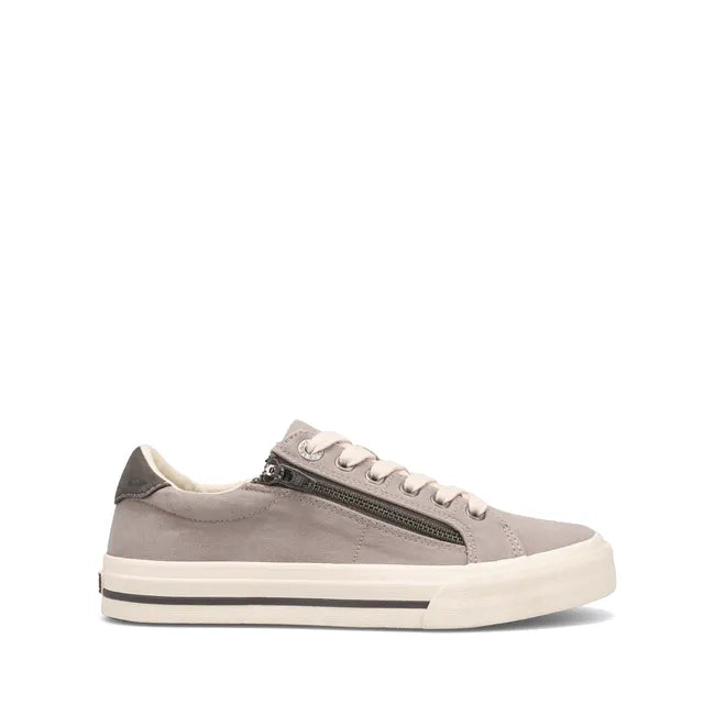 Lateral side of Women&#39;s Taos Z Soul Sneaker in Grey Graphite Distressed with side zipper