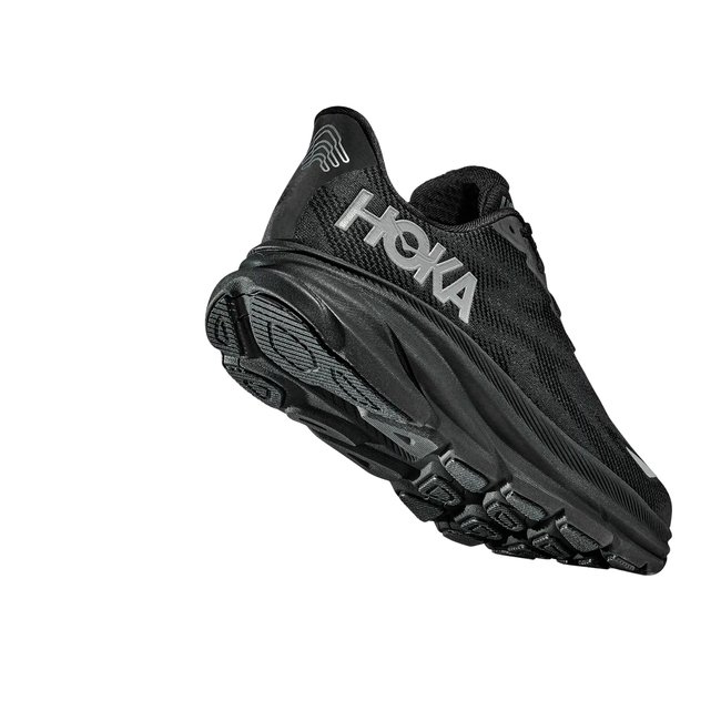Angled Heel of Hoka Men's Clifton 9 GTX Running Shoe in Black