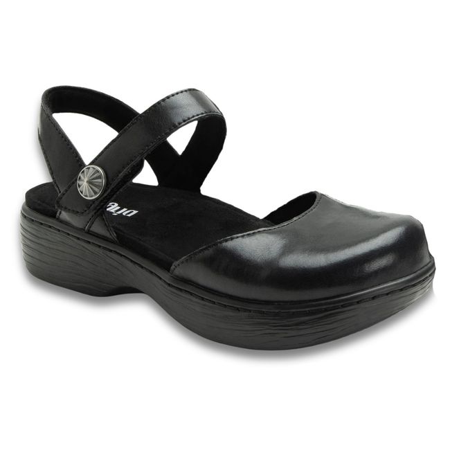 Front angled view of Women's Opal Closed Toe Sandal in black leather