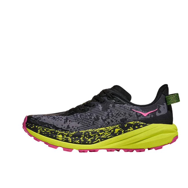 Medial side of Hoka Women's Speedgoat 6 Trail Running Shoe in Black Neon