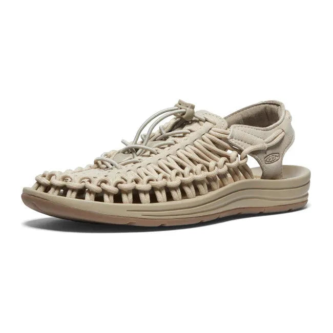 Front angled view of Women's Keen UNEEK Sneaker in Safari beige