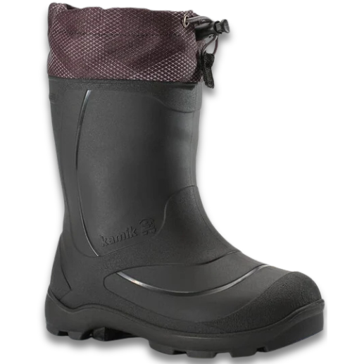 Angled view of Kamik Kids' Youth Snobuster 2 Snow Boot in Black Charcoal