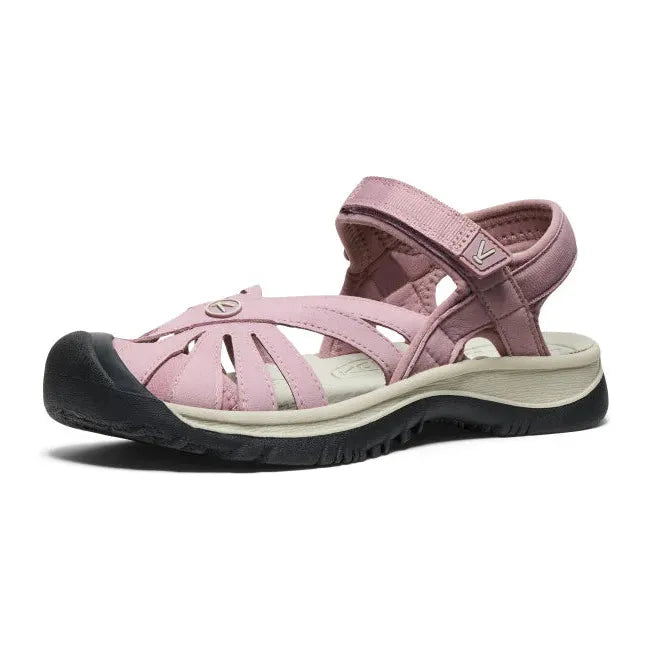Front angled view of of KEEN Women&#39;s Rose Closed Toe Sandal in Toadstool Pink
