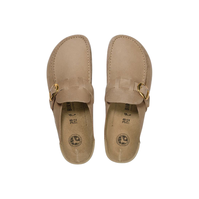 Tops of Birkenstock Women's Buckley Oiled Leather Clog in Tobacco Brown